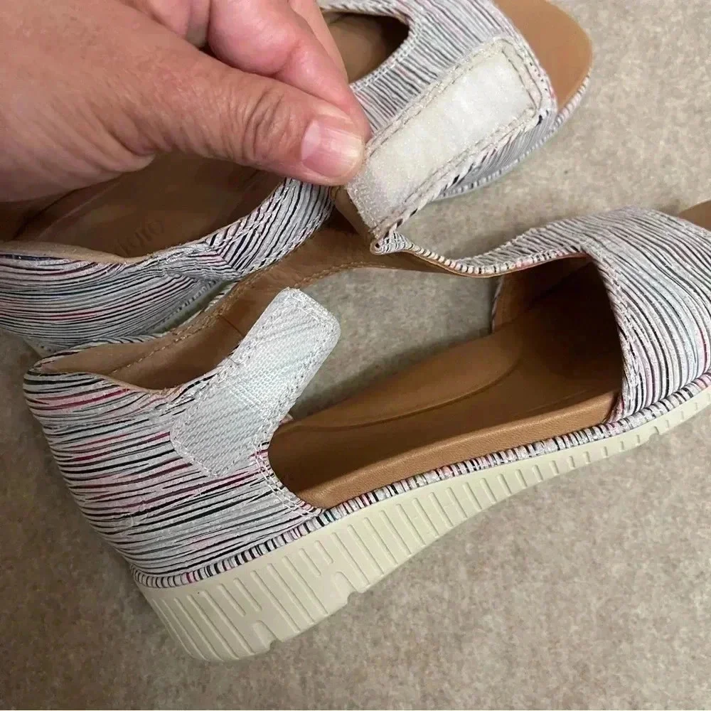 Nurture Multicolor Striped Leather Low Wedge Hook and Loop Sandals Womens size 8